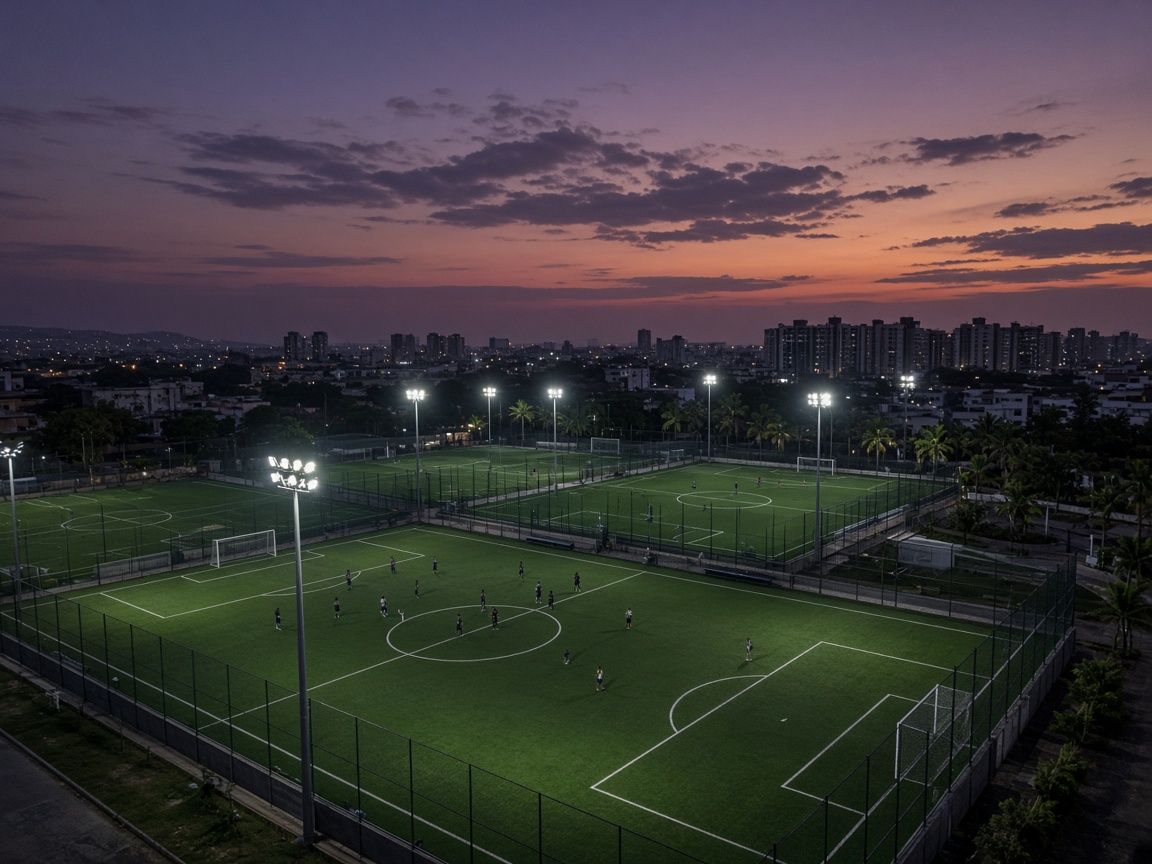 Complejo deportivo con canchas de fútbol al atardecer