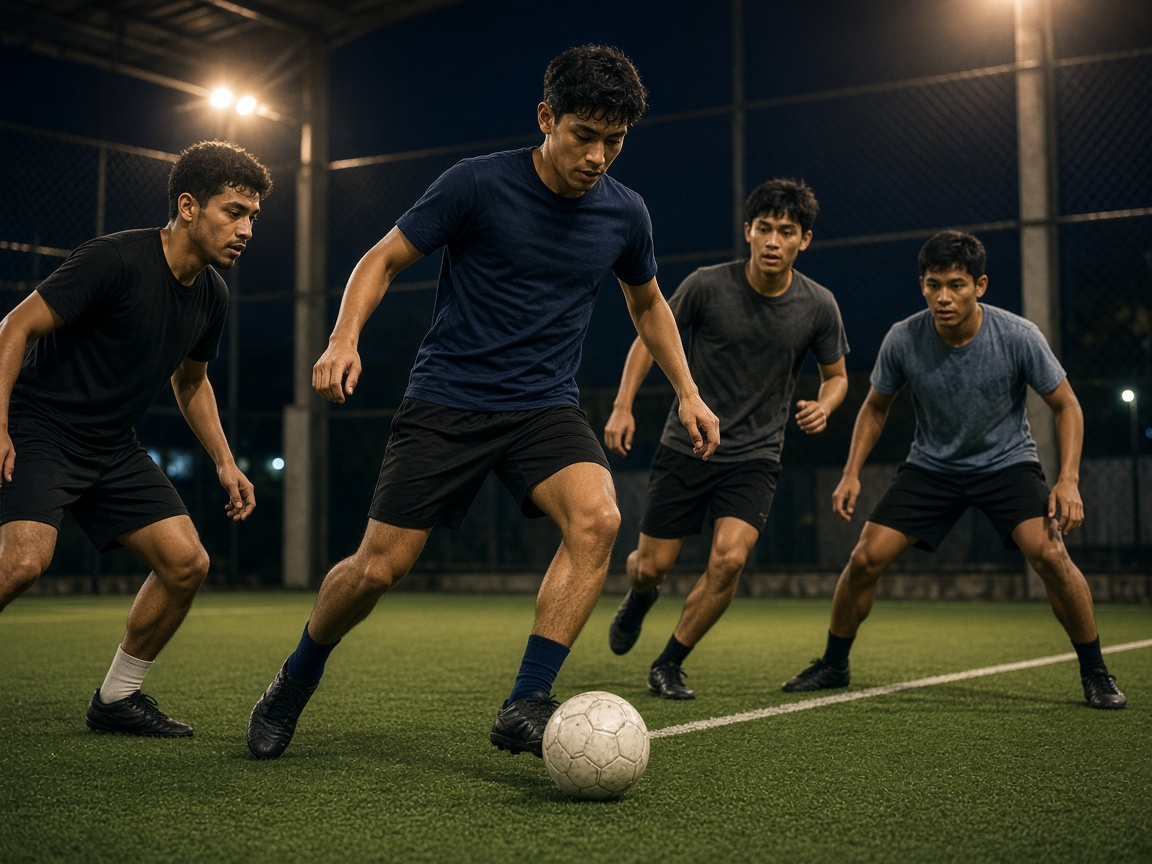 Jugadores en un partido de fútbol bajo luces